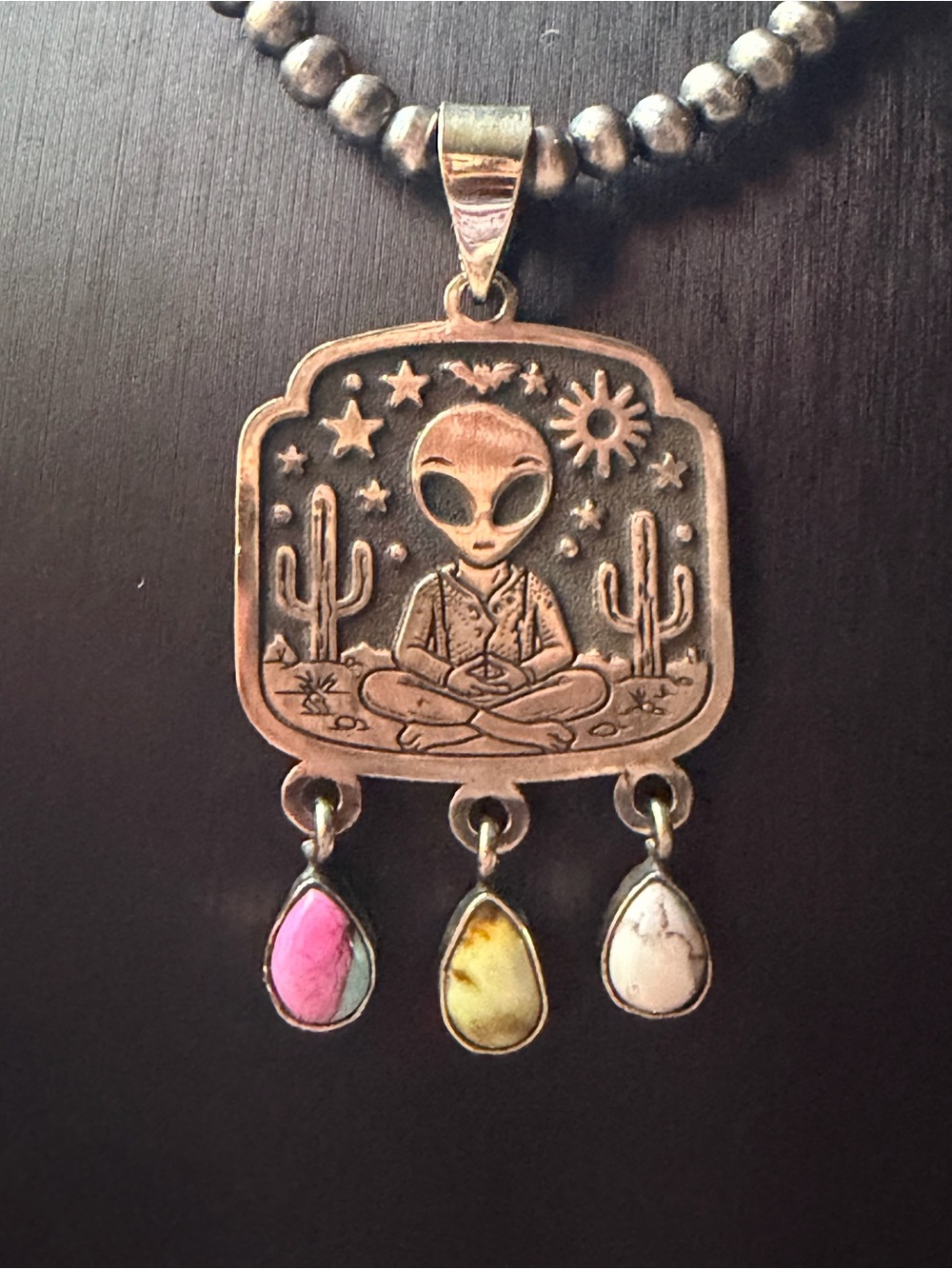 Alien Medallion Pendant with Pink, Yellow, and Wild Horse Stones Sterling Silver